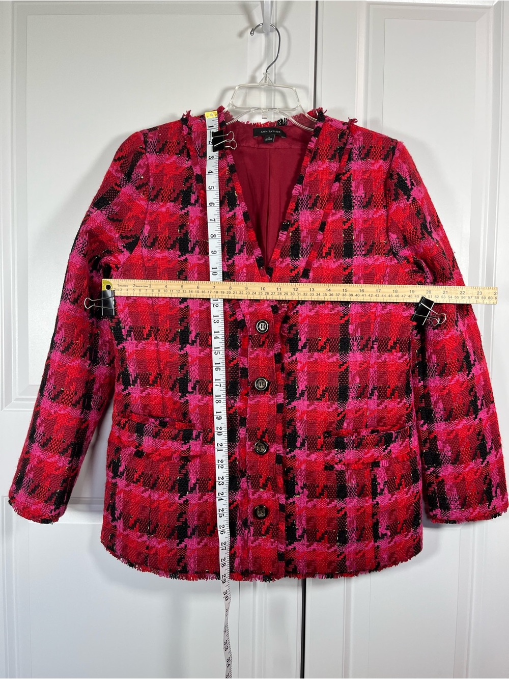 Ann Taylor Tweed Blazer Size 12 Pink Red Black Plaid With A Frayed Trim - Picture 5 of 8